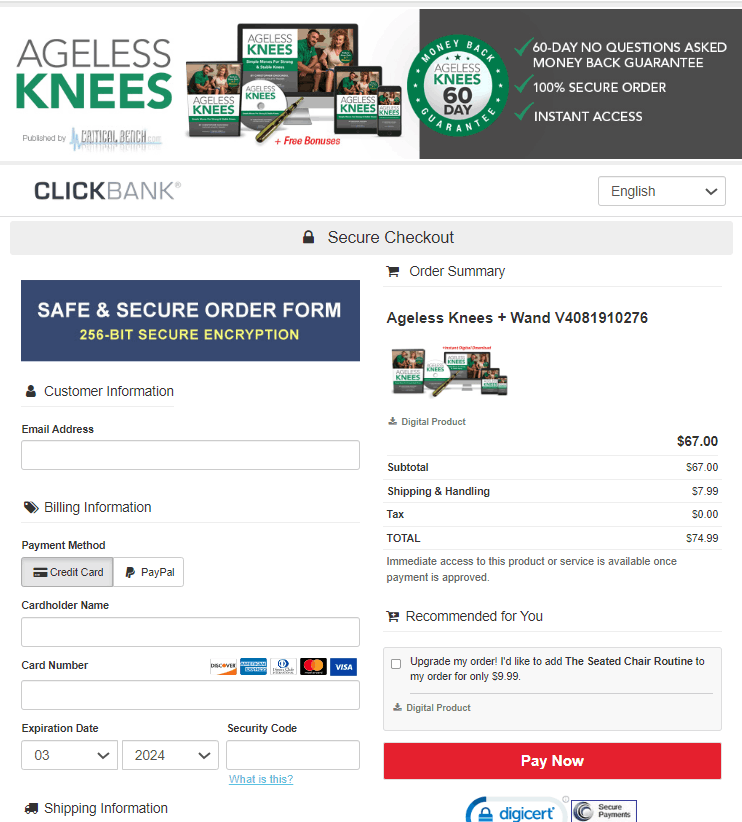 Ageless Knees Checkout Page